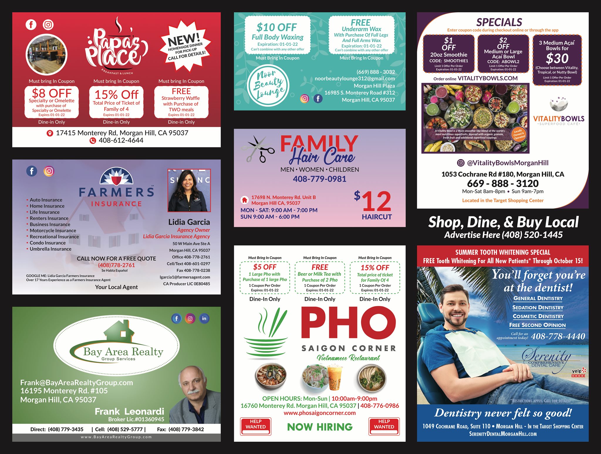 Sample postcard layout showing multiple businesses